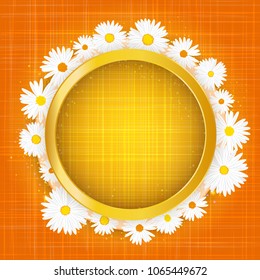 Round floral frame with lights effect on bright orange background. Shining banner with stars and glitter. Vector template