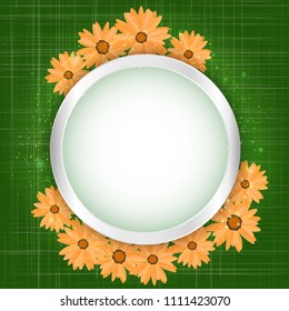 Round floral frame with lights effect on bright orange background. Shining banner with stars and glitter. Vector template
