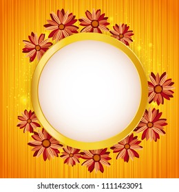 Round floral frame with lights effect on bright orange background. Shining banner with stars and glitter. Vector template