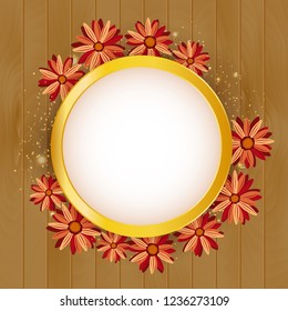 Round floral frame with lights effect on realistic wood background. Shining banner with stars and glitter. Vector template