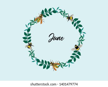 Round floral frame made of branches and bees and wasps. Circle with space for text for greeting and season design. Summer holidays postcard template.