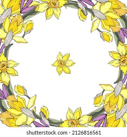 Round floral frame made of  daffodils.  Objects for your design, festive greeting cards, announcements, posters.