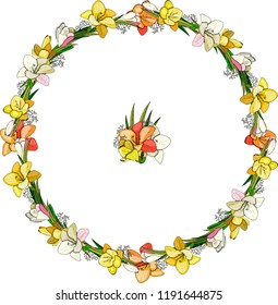 Round floral frame made of different freesia flowers on white background. Round garland with space for your text for season, festive design, announcements, postcards, invitations, posters.