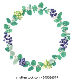 Round floral frame made with eucalyptus branches, berries and gypsophila flowers. Romantic wreath. 