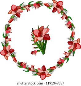 Round floral frame made of red freesia flowers on white background. Round garland with space for your text for season, festive design, announcements, postcards, invitations, posters.