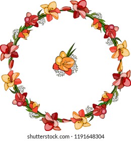 Round floral frame made of red, orange freesia flowers on white background. Round garland with space for your text for season, festive design, announcements, postcards, invitations, posters.