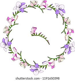 Round floral frame made of violet, purple freesia flowers on white background. Round garland with space for your text for season, festive design, announcements, postcards, invitations, posters.
