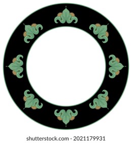 Round floral frame with medieval Gothic motifs. Stylized leaf vignettes in a ring. Green heraldic leaves on black background.