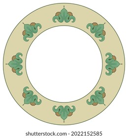 Round floral frame with medieval Gothic motifs. Stylized leaf vignettes in a ring. Green heraldic leaves on yellow background.