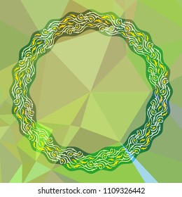 Round floral frame on a square mosaic background. Copy space. Wreath of flowers. Vector clip art.