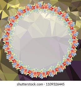 Round floral frame on a square mosaic background. Copy space. Wreath of flowers. Vector clip art.