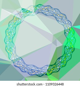 Round floral frame on a square mosaic background. Copy space. Wreath of flowers. Vector clip art.