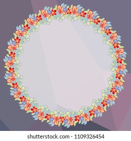 Round floral frame on a square mosaic background. Copy space. Wreath of flowers. Vector clip art.