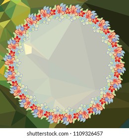 Round floral frame on a square mosaic background. Copy space. Wreath of flowers. Vector clip art.
