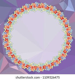 Round floral frame on a square mosaic background. Copy space. Wreath of flowers. Vector clip art.