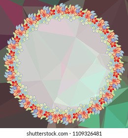 Round floral frame on a square mosaic background. Copy space. Wreath of flowers. Vector clip art.