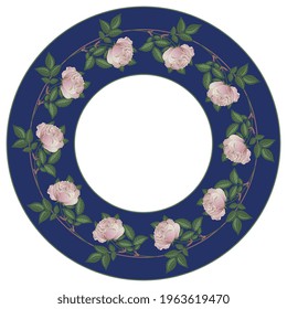 Round floral frame with rosebuds in a ring. Wreath of blooming pink rose flower branches. On blue background. Vintage style.