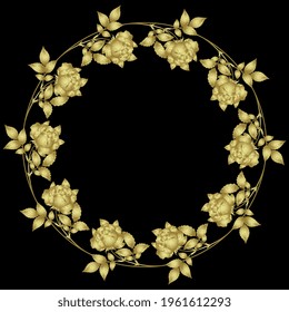 Round floral frame with rosebuds. Wreath of blooming rose flower branches. Vintage style. Golden glossy silhouette on black background.