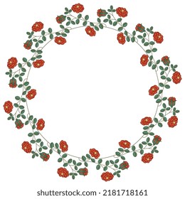 Round floral frame with rosebuds. Wreath of blooming red rose branches. Isolated vector illustration. On white background.