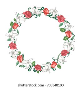 Round floral frame with roses and lilies in vector