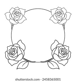 Round floral frame with roses, offering a large blank space in the center, detailed leaves and blossoming roses creating a romantic design aesthetic