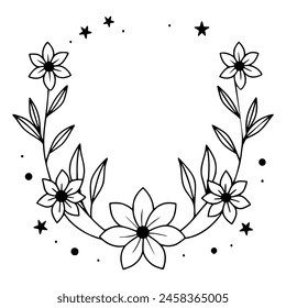 Round floral frame with roses, offering a large blank space in the center, detailed leaves and blossoming roses creating a romantic design aesthetic