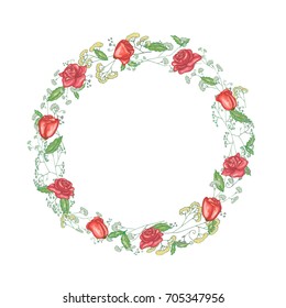 Round floral frame with roses in vector