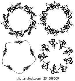 Round floral frame set, black leaves on white background. Vector