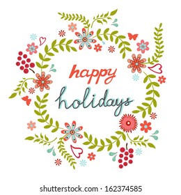 Round floral frame in a shape of wreath with happy holidays greeting