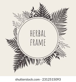 Round floral frame with silhouettes of meadow herbs on light background. Herbal wreath.  Vintage illustration. 