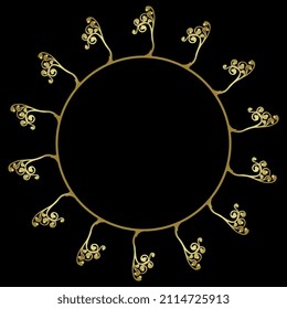 Round floral frame with spiral elements. Vintage style. Golden glossy silhouette on black background.