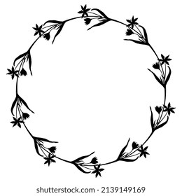 Round Floral Frame With Spring Wildflowers. Wreath Of Blooming Branches Of Gagea Lutea. Star Of Bethlehem Flower. Black Silhouette On White Background.