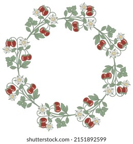Round floral frame with strawberry branches. Wreath of green leaves, white flowers and ripe red berries. Isolated vector illustration.