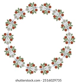 Round floral frame with strawberry branches. Botanical border with fruits and flowers. Circular wreath with green leaves, white flowers and ripe red berries. Isolated vector illustration.