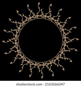 Round floral frame with stylized branches. Vintage style. Golden crown on black background.
