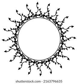 Round floral frame with stylized branches. Vintage style. Black silhouette on white background.