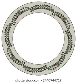 Round floral frame with stylized branches. Circular botanical border with merry leaves. Folk style.