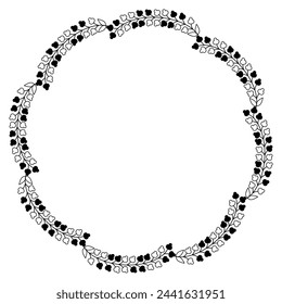 Round floral frame with stylized leaf branches. Circular botanical border. Black silhouette on white background.