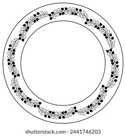 Round floral frame with stylized leaf branches. Circular botanical border. Black silhouette on white background.