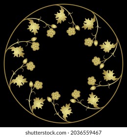 Round floral frame with stylized strawberry branches. Golden glossy silhouette on black background.