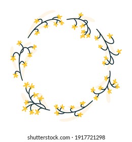 Round floral frame template with cute wildflowers. Simple cartoon hand-drawn style. Pretty ditsy Scandinavian doodle. Vector isolated on a white background. Spring illustration.