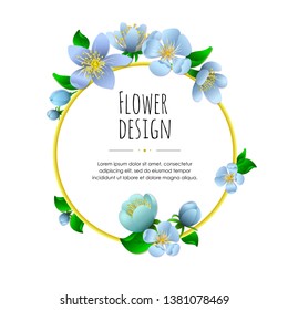 Round floral frame with text for promotion, invitation, presentation, advertising. Vector. Blue flowers.
