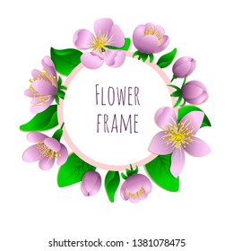 Round floral frame with text for promotion, invitation, presentation, advertising. Vector. Pink, lilac flowers.