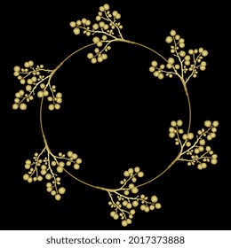 Runder Blumenrahmen mit Baumzweigen aus Zwergbirke. Goldene glänzende Silhouette auf schwarzem Hintergrund.