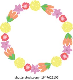 Round floral frame with vector summer or spring flowers - bells, tulips, poppies. There is room for text. hand-drawn elements for the design of stylish cards, invitations, cosmetics and interior decor