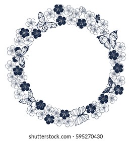 Round floral frame. Vector wreath with cherry flowers and butterflies on a white background.