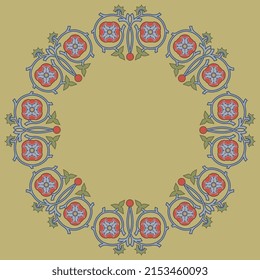 Round floral frame with vintage motifs. Red and blue blooming vines and stylized flowers on gold background.