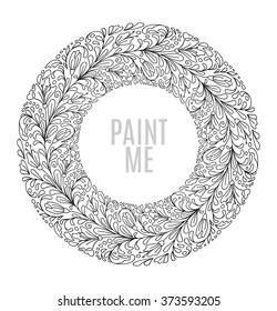 Round floral frame in Vintage style. Doodle flowers. Hand-drawn frame from flowering plants. Black and white. Design for postcard. Vector illustration.