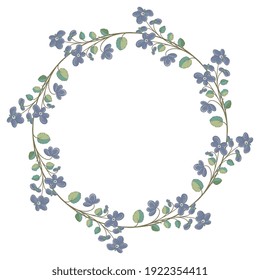 Round floral frame with wildflowers. Wreath of blue flowers. Folk style.