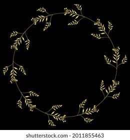 Round floral frame with wildflowers. Wreath of blooming branches of bog rosemary plant. Andromeda Polyfolia. Golden glossy silhouette on black background.